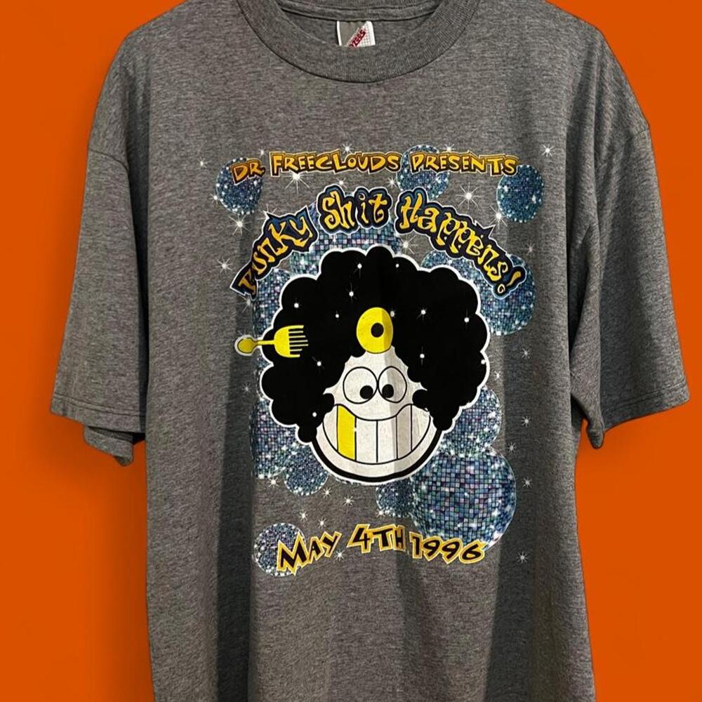 Vintage 1996 Jerzees Dr. Freecloud Presents Funky Shit Happens T-shirt with grap
